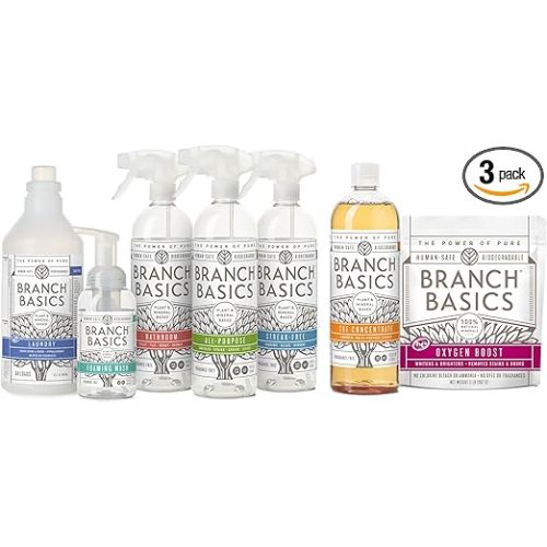 Branch Basics Premium Starter Kit: All Purpose Cleaner, Glass, and Bathroom Cleaner plus our Foaming Wash, and Laundry Bottle (3 Plastic Spray Bottles + Concentrate) Fragrance-Free