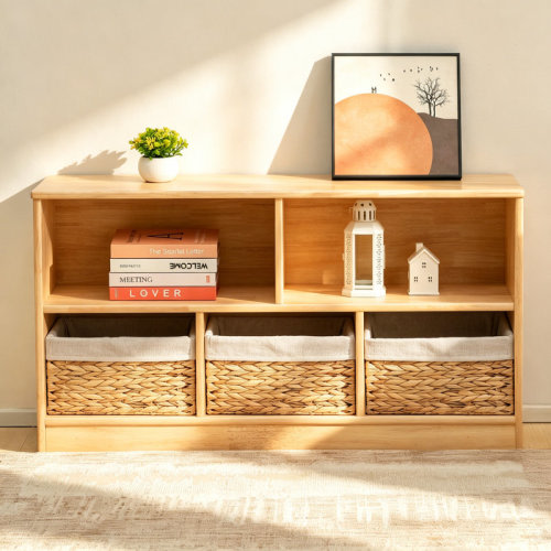 Ebern Designs 43.3" W Ebern Designs Solid Rubberwood 5-Compartment Bookcase & Reviews | Wayfair