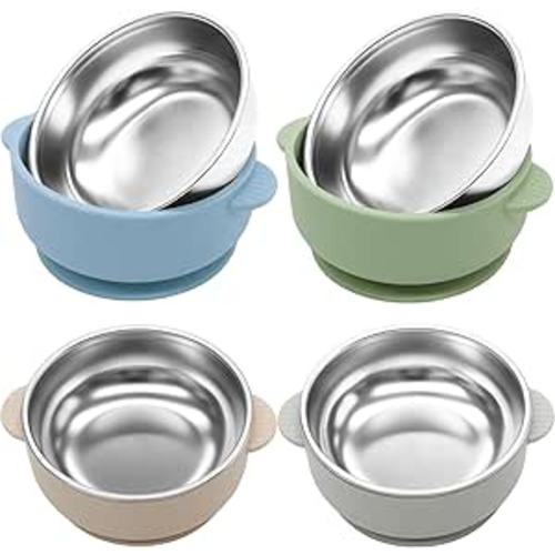 4 Pack Stainless Steel Baby Bowls with Suction, 2-in-1 SUS304 Toddlers Bowl & Removable Silicone Suction Kids Bowl Anti Scald Non Toxic Snack Container for Baby Food Feeding