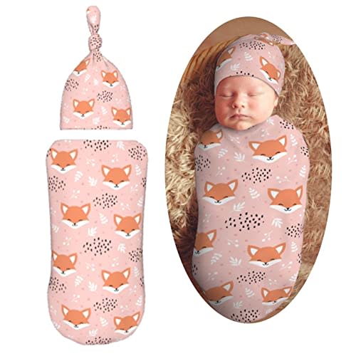 Muishi Cute Fox Pink Newborn Swaddle Blankets Hat Sets Soft Baby Receiving Blanket Swaddle Sack for Baby Shower Infant Boy Girl Gift