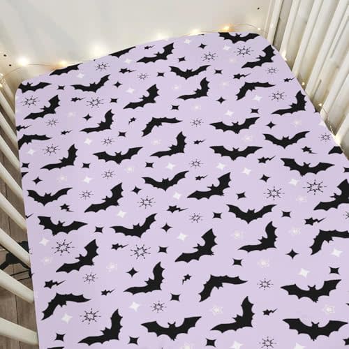 Purple Pastel Halloween Baby Crib Sheets for Boy Girl 52x28Inch Black Bat and Stars Soft Snug Fitted Crib Mattress Cover Spooky Halloween Night Baby Sheet for Standard Crib & Toddler Mattress Pad
