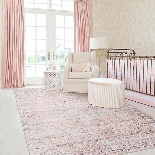 Pink Area Rug 5x7 Washable Area Rug for Girls Bedroom Non Slip Nursery Carpet for Baby Living Room Pink Boho Vintage Floral Floor Covering