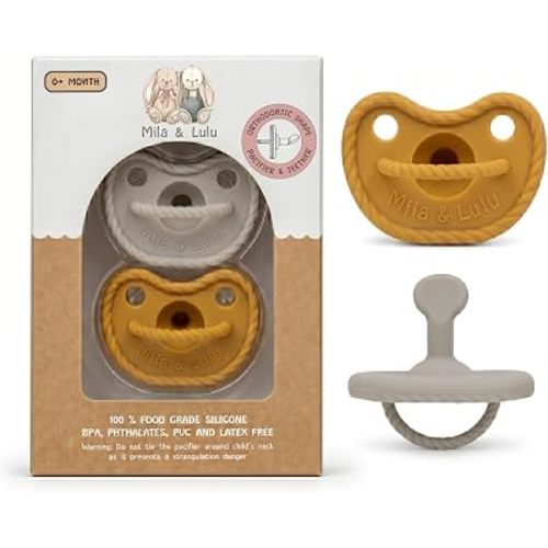 Orthodontic Shape Silicone Pacifiers (Set of 2); 0 Months and up; 100% Food Grade Silicone, One Piece Design (Cloud/Sun) - Mila & Lulu