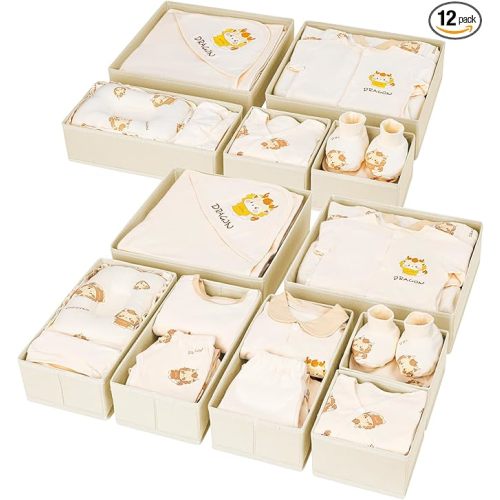 DIMJ Drawer Organizer Clothes 12 Pack - Foldable Baby Organizers and Storage & Dresser Organizer for Bedroom, Closet - Nursery Organization Dresser Dividers for underwear, Sock,Bra, Belt, Tie, Beige