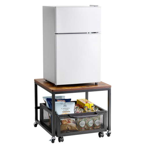 KFFKFF Compact Refrigerator Stand with Storage, Supporting 198 lbs, Portable Fridge Table with Mobile Storage Cart & Rotating Wheels, Drink Cooler Stand for Coffee Station, Small Fridge Arrangement