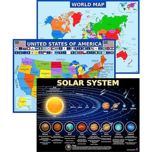 World Map, United States Map, and Solar System Poster with Extra Features – Laminated 14x19.5 in – Educational Posters, Classroom Decorations, Teachers Supplies, Virtual Learning for Kids, Homeschool Decor