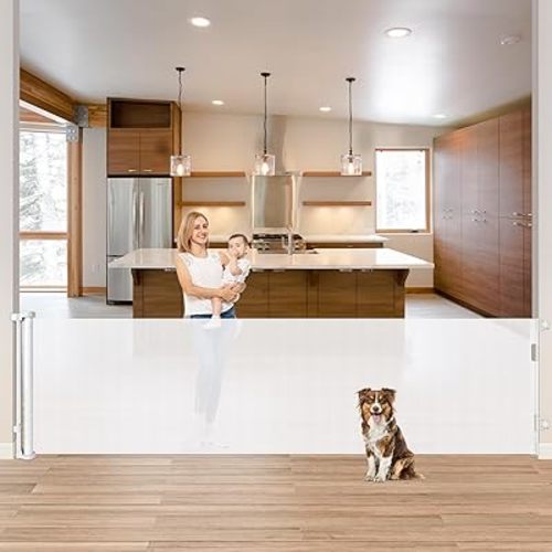 85 Inch Wide Baby Gate for Wide Openings Indoor Retractable Baby Gates Outdoor Retractable Dog Gate Mesh Gates for Kids or Pets Long Pet Gate for Doorways Long Dog Gate for Stairs, Porches, White