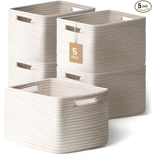 5 Pack White Woven Storage Baskets for Shelves, Decorative Basket Organizer Storage Bins for Toys, Books, Clothes, Closet, Nursery, Bathroom – Cotton Rope Shelf Baskets for Organizing and Decor
