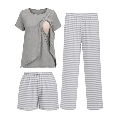 Ekouaer 3 PCS Maternity Nursing Pajamas Set Postpartum Breastfeeding PJS | 3-Piece Set, Including Short Sleeve Shirts, Pregnancy Shorts & Pants, Buttery Soft, Skin-Friendly Feel