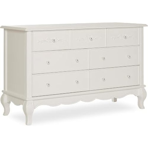 Evolur Aurora 7-Drawer Nursery Dresser – Ivory Lace | Assembled Double Dresser with Crystal Knobs, Queen Anne Legs, Large Storage for Baby Essentials