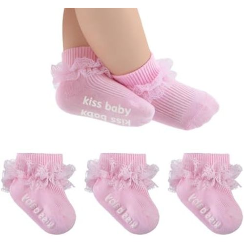 Baby Girl Ruffle Socks with Grips Turn Cuff Ankle Lace Frilly Dress Socks for Newborn/Infant/Toddler/Little Kids
