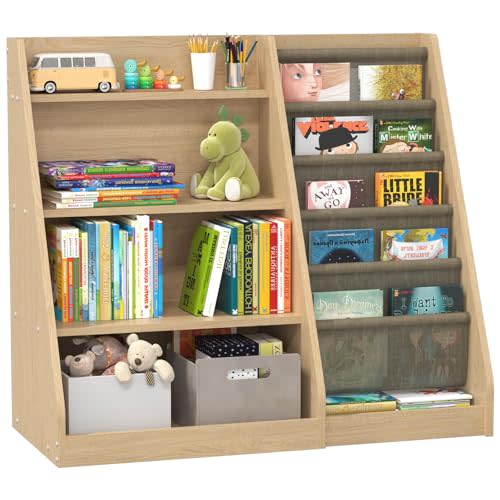 CMFYDAILY Montessori Kids Bookshelf, Wooden Baby Bookshelf with 4 Tier Toy Storage Shelf & 6 Fabric Sling Rack for Bedroom Playroom Nursery