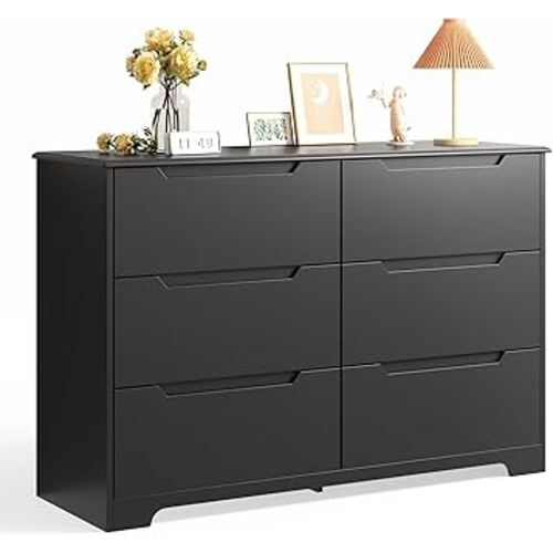 Gizoon 6 Drawer Double Dresser for Bedroom with Anti-Tip Design, Modern Wide Wooden Chest of Drawers with Cut-Out Handles, Closet Storage Organizer and TV Stand for Living Room, Hallway, Entryway