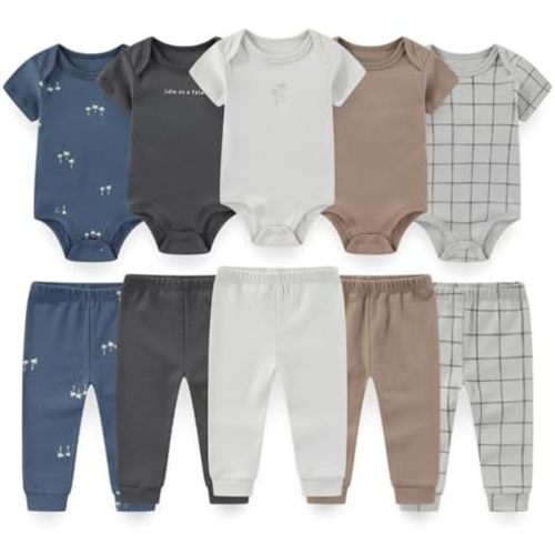 Newborn Baby 10-Piece Cotton Layette Set Short Sleeve Bodysuits and Pants Unisex Baby Clothes Gift Sets