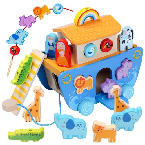 Tooysea Wooden Noah's Ark Toy with Animal Shape Sorter,Baptism Gifts for 1 2 3 4 Years Old,Montessori Toys for Toddlers,Baptism Gifts for Boys and Girls,24 Months Babies