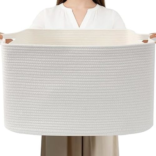 65L Large Blanket Basket,21"x16"x12" Rectangle Storage Bin with Handles,Woven Rope Laundry Basket for Toys, Clothes,Pillows,Magazines,Home Organization,Nursery,Living Room & Bedroom,White