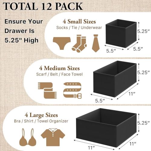 Simple Houseware Foldable Drawer Organizer Stocking Bin, Set of 12, Black | Fabric Storage Bins for Clothes, Underwear, Bra, Panty, Socks, Onesies – Closet & Dresser Dividers for Home