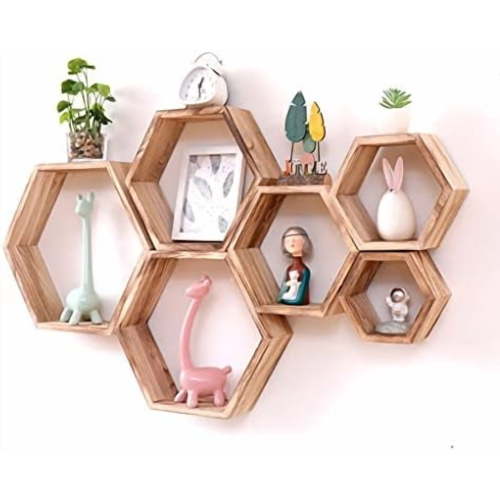 Hexagon Floating Shelves Honeycomb Wall Mounted Wood Farmhouse Storage for Bathroom, Kitchen, Bedroom, Living Room - Driftwood Finish, Light Brown
