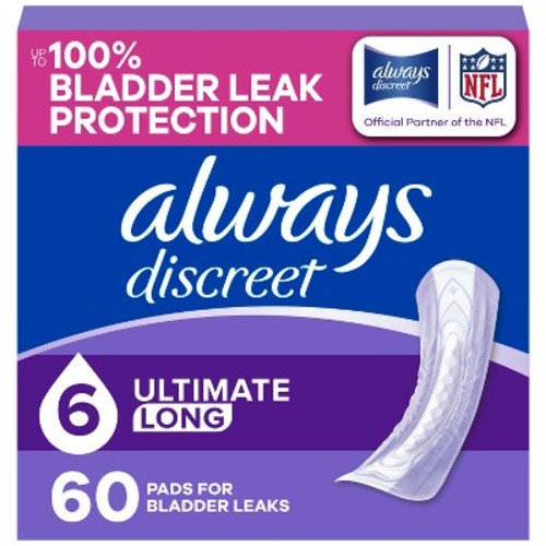 Always Discreet Incontinence and Postpartum Incontinence Pads for Women - Extra Heavy Absorbency - Long Length - 60ct