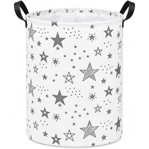 Collapsible Kids Laundry Basket Clothes Hamper, Foldable Storage Organizer Bin, Toy Clothes Storage with Handles for Boys Girls Bedroom, Room Decor Grey Star