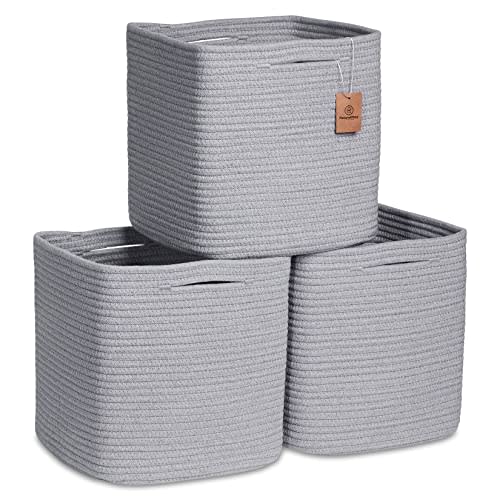 NaturalCozy Storage Cubes 11 Inch Cotton Rope Woven Baskets for Organizing, 3-Pack | Cube Storage Bin | Square Storage Baskets for Shelves Organizer, Classroom, Kids Toy Bins, Closet, Baby Nursery
