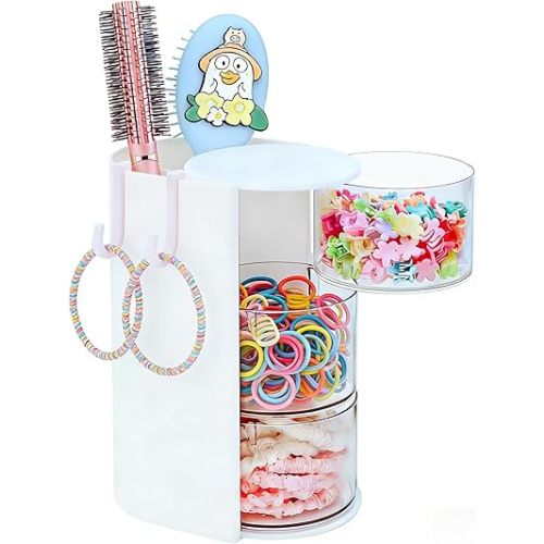 Hair Accessories Organizer With 2 Hooks,Girls Hair Accessory Organizer with Hair Brush Holder,3-Layer Hair Tie Organizer (Cloud Dancer White)