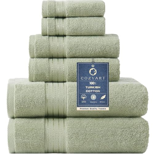 COZYART Luxury Bath Towel Set 6 Pcs, Sage Green 100% Turkish Cotton 650 GSM | OEKO-Tex 100 Certified Zero Twist Ring Spun, Soft Absorbent Quick Dry, Plush Fluffy, Breathable Hotel Quality for Daily Use