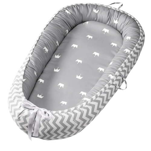 VNV INNOVATES Grey Crown Baby Lounger for Newborns (0-12 Months), Portable Infant Nest, 100% Cotton Breathable Fabric, Removable Machine-Washable Zip Cover, Gray