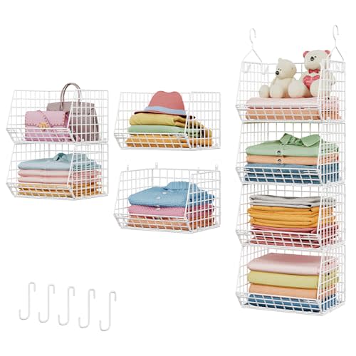 X-cosrack 4 Tier Closet Hanging Organizer, Foldable Closet Shelving with 2 Hanging Hooks 5 S Hooks, Wire Storage Basket for Wardrobe Laundry Room, for Clothing Sweaters Shoes Handbags Patent-White