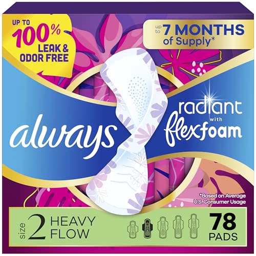 Always Radiant Feminine Pads for Women, Flexfoam Pads with Wings, Size 2, Heavy Absorbency, Lightly Scented, 78 Count (3 Packs of 26)