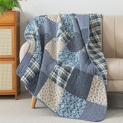 SLPR Cotton Quilted Throw Blanket, 50" x 60" Floral Farmhouse Patchwork Quilt, Shabby Chic Patchwork Throw Lap Quilt for Couch, Blue Symphony