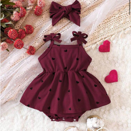 SHEIN Baby Girl Heart Print Bow Shoulder Cami Combo Bodysuit Dress & Headband | SHEIN USA