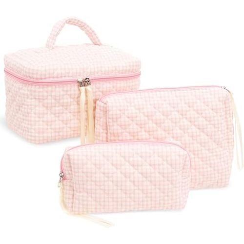 3 Piece Quilted Makeup Bag Set for Women,Cosmetic&Toiletry Bag,Gingham Pink