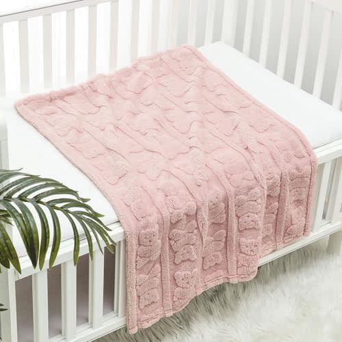 CREVENT 30"X40" Cozy Soft Warm Sherpa Baby Blanket for Girls Boys, Newborn Essentials for Infant, Baby Shower Receiving Gift - Pink Bear 75X100cm