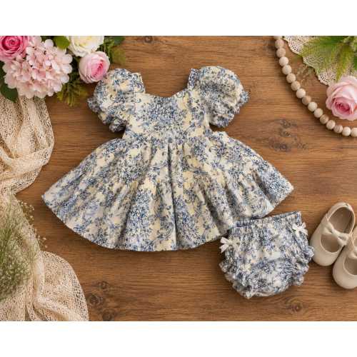 Infant Baby dress blue and white toile puff sleeves