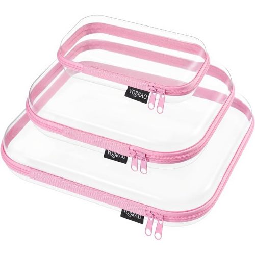 Clear Hard Shell Organizer Case Set, 3-Pack, Pink | Large, medium & small rigid PET organizers for beauty, travel, skincare and everyday organization
