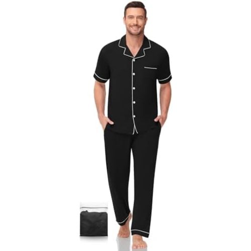 Men Pajamas Set Two Pieces Short Sleeve Sleepwear Button Down Loungewear Set Soft Modal Pj Set with Pockets