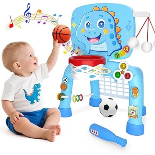 Toys for 1 Year Old Boy - Toddler Basketball Hoop&Soccer Goal&Baseball Sport Activity Center,Montessori Sensory Musical Toy with Light,Christmas Birthday Gift for Age 12-18 Month(Baby Blue Dinosaur)