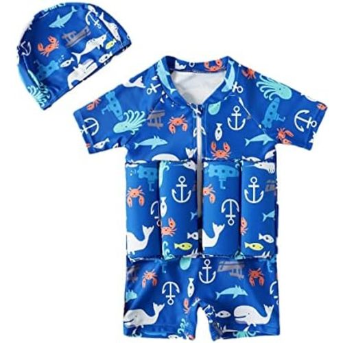 Baby Toddler Girls Boys Float Suit One Piece Rashguard Cartoon Short Sleeve Zip up Buoyancy Swimsuit +Cap