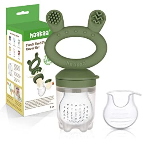Haakaa Baby Fruit Food Feeder Pacifier | Milk Frozen Set | Silicone Feeder and Teether for Infant Safely Self Feeding, BPA Free Teething Relief Toy (Olive Green)
