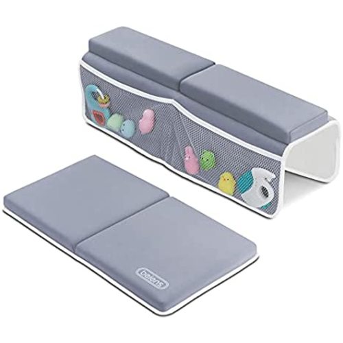 beiens Bath Kneeler and Elbow Rest Pad, 1.5'' Thick Quickly Dry Kneeling Pad and Elbow Support for Knee & Arm Support Large Bathtub Kneeling Mat with Toy Organizer for Happy Baby Bathing Time (Grey)