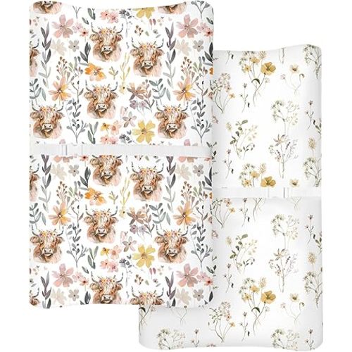 Changing Pad Cover for Baby Boys Girls 2 Pack, Fits Standard 32”×16” Changing Table Pads, Silky Breathable Stretch Knit, Machine Washable (Cottage Cow)