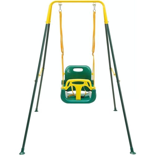 FUNLIO Toddler Swing with Foldable Metal Stand for Toddlers Aged 1~10 Years, 3-in-1 Baby Swing Set with 4 Sandbags for Backyard/Indoor/Outdoor Play, Easy to Assemble & Store, Green