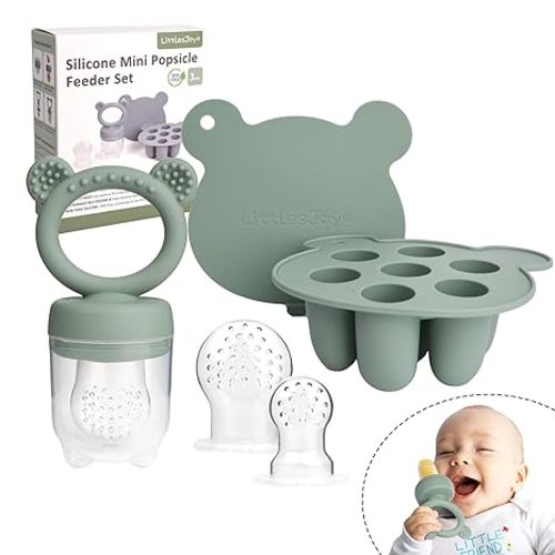 Silicone Baby Food Feeder & Freezer Tray Set, Self Feeding Teething Toy, Breast Milk Popsicle Mold, BPA Free for 3+ Months, Additional Silicone Pouches