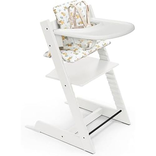 Stokke Tripp Trapp High Chair 2 (White), Cushion 2 (Disney Lion King Jungle) + Stokke Tray (White) - Includes Chair + Baby Set with Removable Harness for Children 6-36 Months