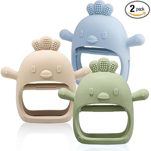 3 Pack Baby Teething Toy Silicone Teething Mitten for Babies Over 3 Months Anti Dropping Wrist Hand Teethers Baby Chew Toys for Sucking Needs, BPA Free (Olive, Caramel & Blue)