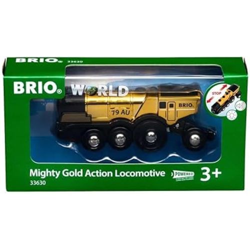 BRIO 33630 World Mighty Golden Action Locomotive - Battery Operated Toy Train with Dynamic Light and Sound Effects | for Kids Age 3 and Up | Compatible with All BRIO Railway Tracks and Vehicles