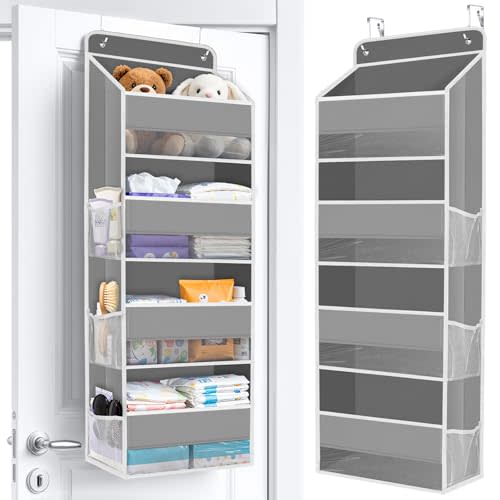 Over The Door Organizer Storage behind Door Hanging Organizer for Nursery | 4 Tier, 6 Side Pockets, Clear Window, Sturdy Construction, Space-Saving Storage for Closet, Bedroom, Bathroom & Nursery