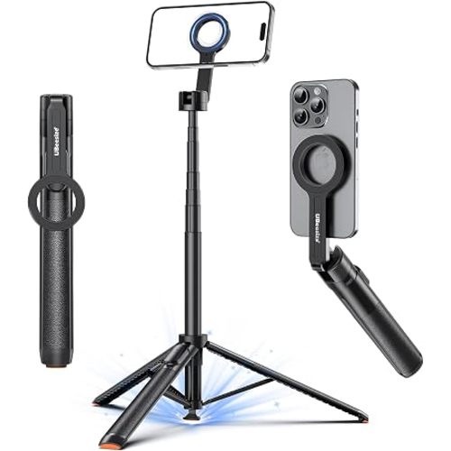 UBeesize 70" Auto-Open Magnetic Tripod for iPhone, MagSafe Selfie Stick with Remote, Portable Phone Stand for Recording, Travel and Vlogging, Compatible with iPhone/Android (Black)