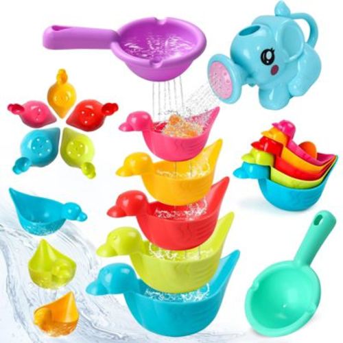 Etokfoks 8pcs Mold Free Bath Toys for Kids Ages 1-3 Floating Duck Stacking Cups Elephant Water Can Spoons for Bathtub Pool Beach